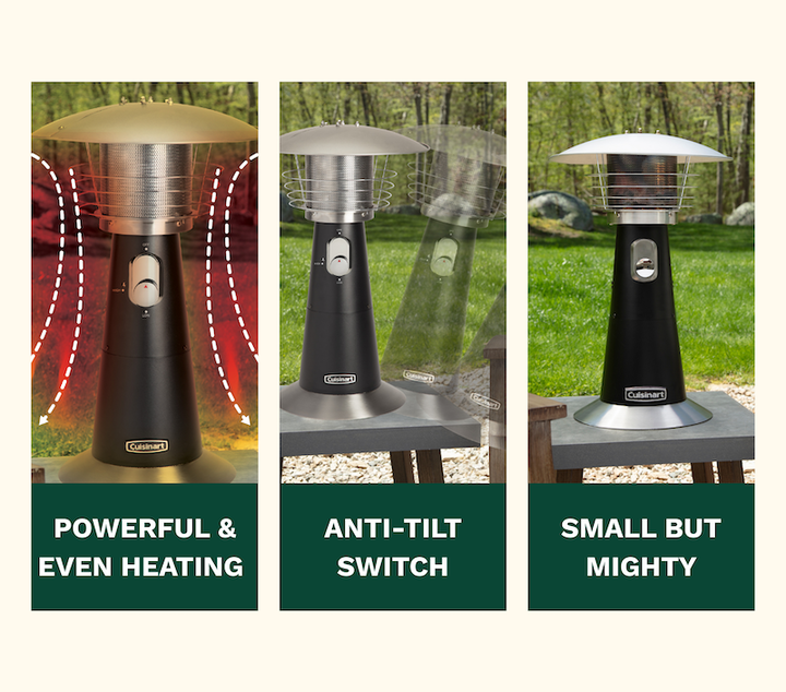 Powerful and even heating, Anti-tilt switch, small but mighy